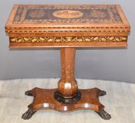 19thC Irish Killarney marquetry and yew games table, the hinged rectangular top inlaid with an