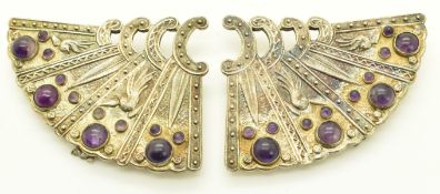 A pair of Chinese silver hair clips in the form of fans, with embossed decoration depicting birds