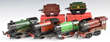 Four Hornby 0 gauge clockwork locomotives including LMS 2270, 50153, 3425, 500 etc and two tenders