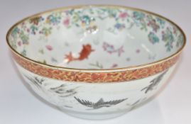 Chinese 19thC pedestal bowl with interior decoration of fish and exterior decoration of birds,