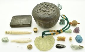 Japanese Meiji period bronze covered dish with chrysanthemum decoration in relief, jade / jadeite