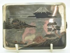 Japanese silver cigarette case with decoration of Mount Fuji to interior and exterior, marked silver