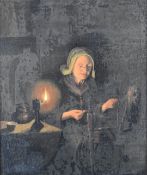 19thC continental oil on board spinning wool by candlelight, 29 x 24cm, in gilt frame