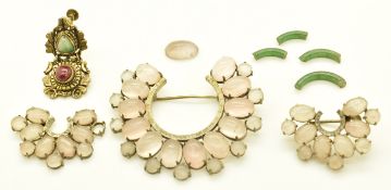 Chinese silver brooch set with rose quartz cabochons, with matching earrings, together with a single