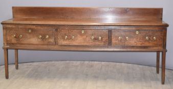 Georgian oak dresser base, fitted three long drawers, L228 x D55 x H101cm