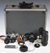 Olympus 35mm SLR camera outfit comprising OM1 and OM2 cameras, 28mm 1:2.8, 35mm 1:2.8 and 50mm 1:1.8