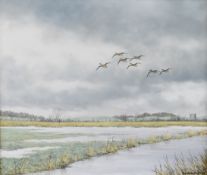 Geoffrey Campbell Black (born 1925) oil on canvas birds in flight above a marshy landscape, signed