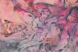 Marc Chagall (1887-1985) pen, ink and watercolour study of two angels above a town, signed lower