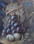 Oliver Clare (1853-1927) oil, still life study of grapes and plums, signed lower right, 22 x 17cm,