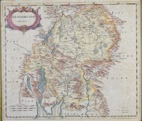 Robert Morden 17thC hand coloured map of Westmorland, 38x44cm, framed and glazed with gallery labels