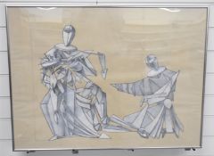 Joseph Duncan (born 1920) cubist figure group, signed verso, 60 x 80cm, in aluminium frame