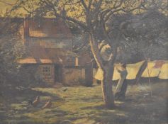 H Majendis or Majendig likely French impressionist oil on canvas lady hanging out the washing,