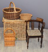 Large hinged wood basket or storage hamper, three other baskets, largest W59 x D49 x H51cm, and a