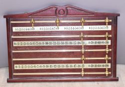 Brass and stained wood snooker/billiards scoreboard, width 70cm