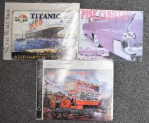 Three metal advertising signs 'Pink Cadillac', 'Dennis Omnibus' and 'White Star Line Titanic'