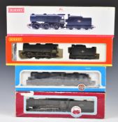 Three 00 gauge model railway locomotives comprising Hornby Bulleid Q1 R2344, Airfix LMS Class 4F