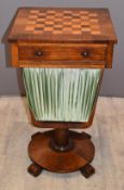 Victorian inlaid rosewood work / games table with U frame, octagonal support and circular base,