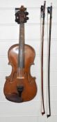 Anonymous two piece back violin with two bows, overall length 60cm, body 36.4cm, lower bout 20.