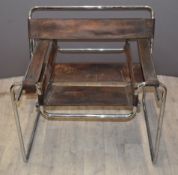 Marcel Breuer Wassily mid century, retro style chair with chrome frame and brown leather upholstery