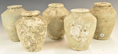 Five Chinese Kangzi period vases with celadon / grey glaze from Vung Tau Cargo, one with original