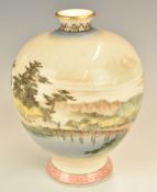 Japanese Satsuma vase with decoration of figures walking across a bridge and impressed four