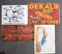Four metal advertising signs 'Dekalb Quality Hybrid Corn, 'The Original Off Road Vehicle', 'Wine