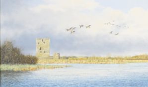 Geoffrey Campbell Black (born 1925) acrylic on canvas birds in flight above a ruined tower with