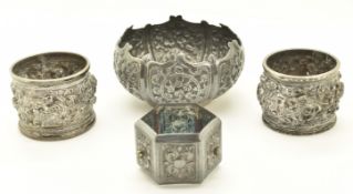 Burmese or Indian silver bowl with embossed decoration, diameter 9cm, weight 78g together with two