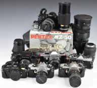 Eight 35mm SLR cameras comprising Fujica AZ-1 with 1:2.2 55m lens, Praktica LLC with 1.8/50 lens,