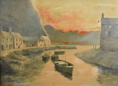 I Wilson oil on board possibly West Wales harbour scene at sunset, signed and dated 69 lower left,