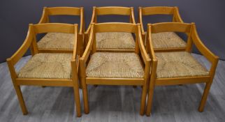 A set of six Vico Magistretti Carimate retro mid century modern rush seated dining chairs, c1960's.
