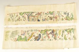 Chinese 19thC pair of embroidered famille verte cuffs with figural decoration, embroidery height