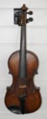 A two piece back violin by Charles Goddard, Gloucester, 1842, overall length 60cm, body 35cm,