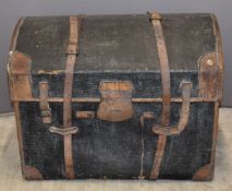 Leather bound dome top travelling trunk or chest, L78 x D54 x H62cm