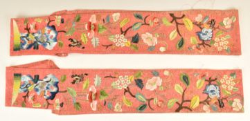 Chiense 19thC embroidered cuffs with flora and fauna decoration on a peach ground, embroidery