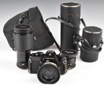 Nikon Nikkormat EL 35mm SLR camera with 50mm 1:1.4 lens and Vivitar 28mm 1:2.5 and 70-210mm 1:3.5