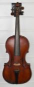 German two piece back violin labelled 'Jacobus Stainer, in Absam, Prope Oenipontum 16**',  overall