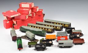 Nineteen Hornby Dublo 00 gauge model railway locomotives, coaches, wagons and accessories
