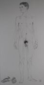 Christopher 'Kit' Williams (born 1946) pencil drawing of a male nude with his shoes beside him on
