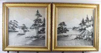 Pair of 19th / 20thC Japanese needlework embroideries of Mount Fuji with lake/sailing scenes to
