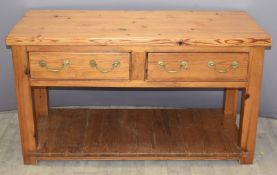 Pine two drawer buffet or small sideboard with undershelf, W132 x D60 x H73cm