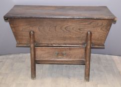 Antique elm dough bin with octagonal legs and drawer below, L130 x D60 x H75cm