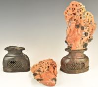 Pair of carved Chinese soapstone figural plaques on stands, height 26cm