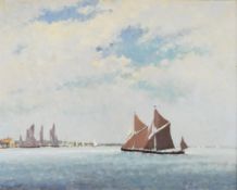 Hugh Boycott Brown (1909-1990) impressionist maritime oil on board sailing barges by the coast,