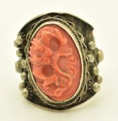 Chinese silver ring set with carved coral