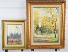 Neil Spilman (British, born 1951) two oils on canvas rural landscapes, one a stag in a winter