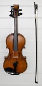 Bridge Violins Ltd custom violin with bridge, bow and Pedi case, approximate length of back 35cm,