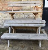 Pine garden table and two bench seats, W160 x D88 x H75cm