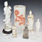 Chinese blanc de Chine figures, brush pot with Dog of Fo decoration and character marks and a