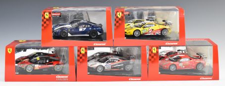 Five Carrera Evolution Ferrari model slot racing cars, all in original boxes.